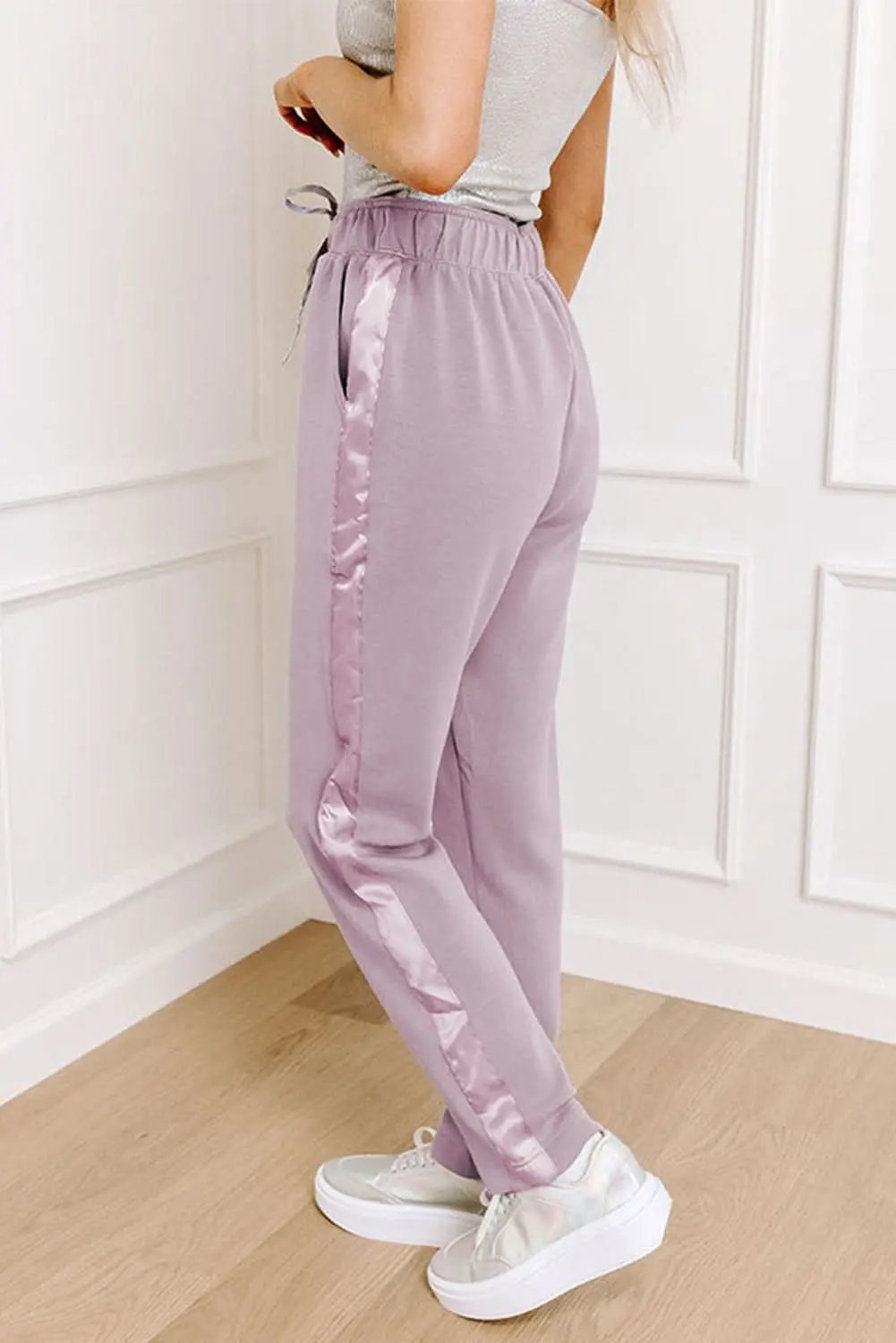 Orchid Petal Drawstring Waist Satin Stripe Patch Straight Leg High Waist Pants - Love Salve